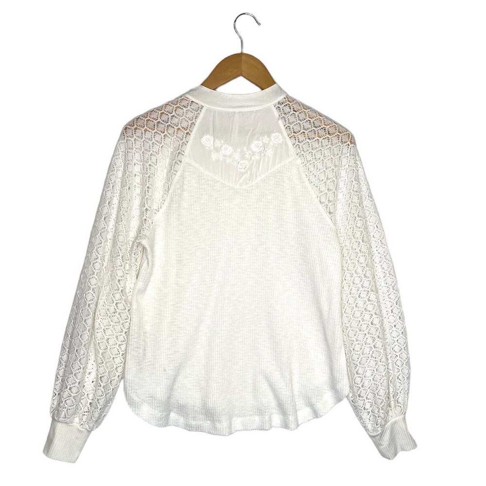 Free People Top Womens S Sweetest Thing Waffle Embroidered Boho Peasant Ivory - Picture 4 of 16